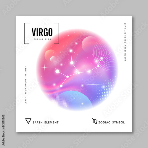 Modern magic witchcraft card with astrology Virgo zodiac constellation on holographic flow background