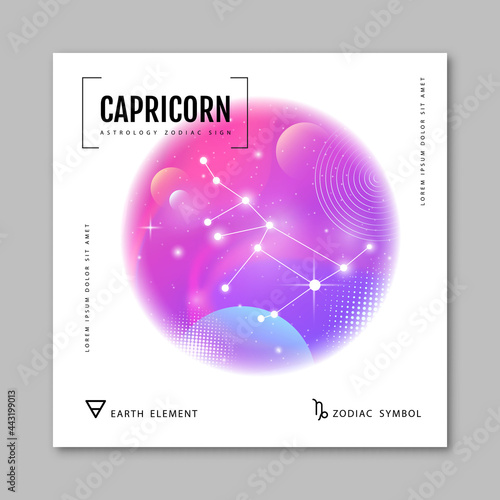 Modern magic witchcraft card with astrology Capricorn zodiac constellation on holographic flow background