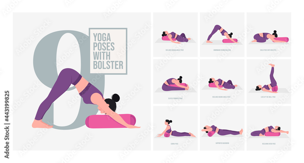 Vetor de Set of Yoga poses with Bolster. Young woman practicing Yoga pose.  Woman workout fitness, aerobic and exercises. Vector Illustration. do Stock