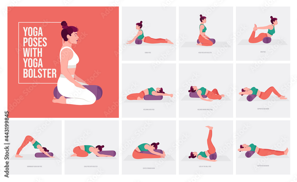 Vetor de Set of Yoga poses with Bolster. Young woman practicing Yoga pose.  Woman workout fitness, aerobic and exercises. Vector Illustration. do Stock