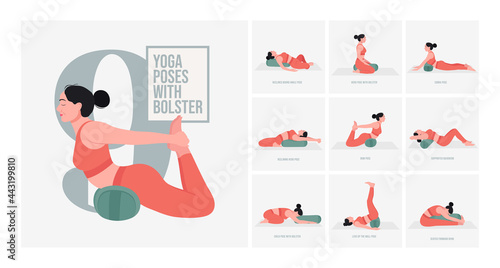 Set of Yoga poses with Bolster. Young woman practicing Yoga pose. Woman workout fitness, aerobic and exercises. Vector Illustration.	
 photo