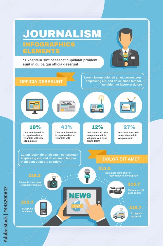 Journalist report press tv and broadcasting infographic elements set vector illustration Journalist report press tv and broadcasting infographic elements set vector illustration