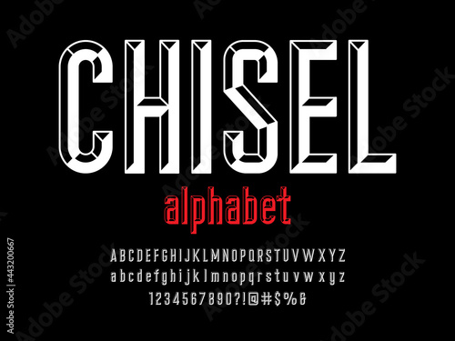 Chisel style alphabet design with uppercase, lowercase, number and symbols
