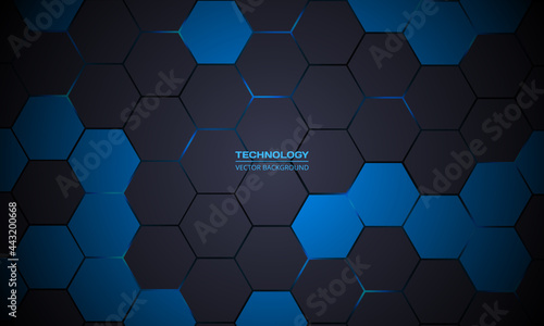 Dark gray hexagonal technology abstract vector background. Blue bright energy flashes under hexagon in futuristic modern technology background vector illustration. Dark gray honeycomb texture grid.