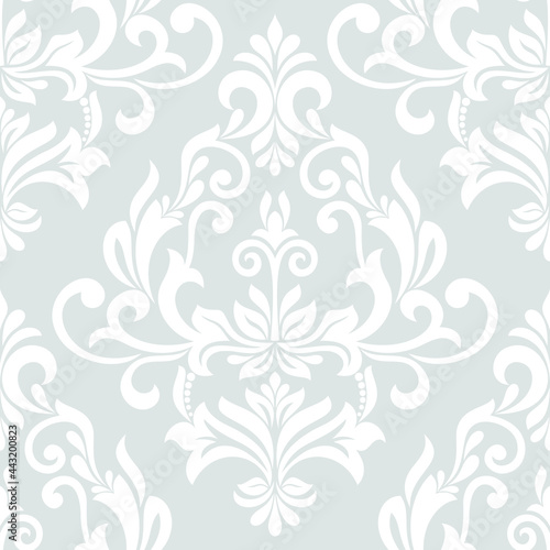 Floral damask seamless pattern. Gray and white. Vector background.