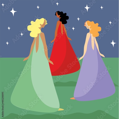 A woman, a nymph in the forest, a girl in a long sundress. Long loose hair. A long silk dress. Paganism, dancing in the forest under the starry sky. Magic in the forest. The youth of girls. 