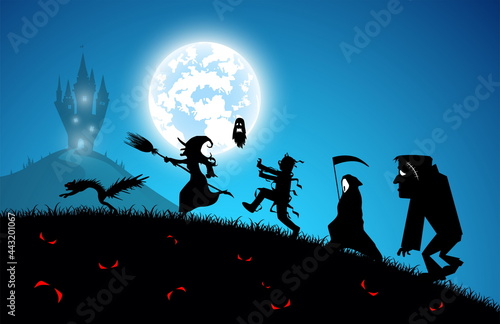 illustration blue background,festival halloween concept,full moon on dark night with many ghost,scarecrow,frankenstein and devil walking to castle for celebration halloween day