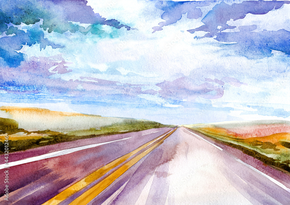 Landscape a road with a dividing yellow stripe in a prairie or plain. Watercolour. Texture. Graphic resources. The banner. Print.