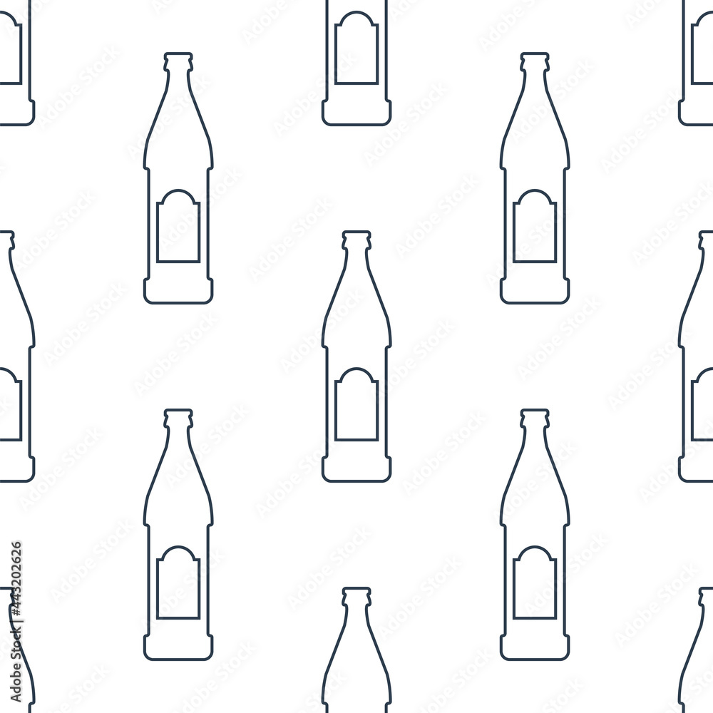 Beer bottles seamless pattern. Line art style. Outline image. Black and white repeat template. Party drinks concept. Illustration on white background. Flat design style for any purposes Beer bottles seamless pattern. Line art style. Outline image. Black and white repeat template. Party drinks concept. Illustration on white background. Flat design style for any purposes