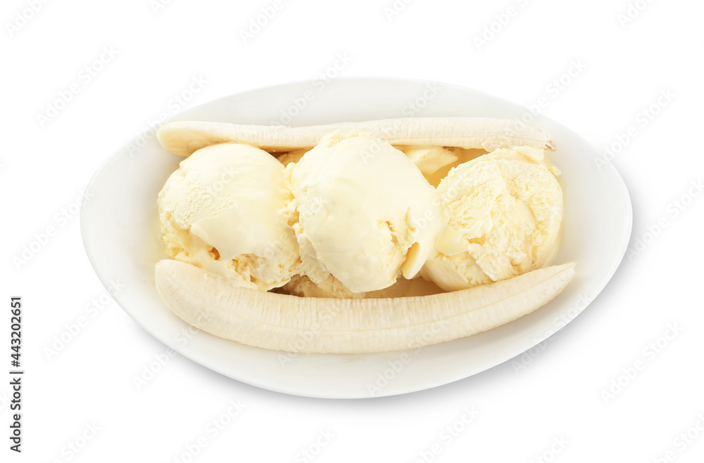 Delicious banana split ice cream isolated on white, top view