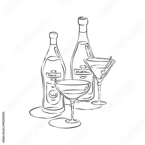 Bottle and glass martini and vermouth together in hand drawn style. Beverage outline icon. Restaurant illustration for celebration design. Line art sketch. Black contour object on white background