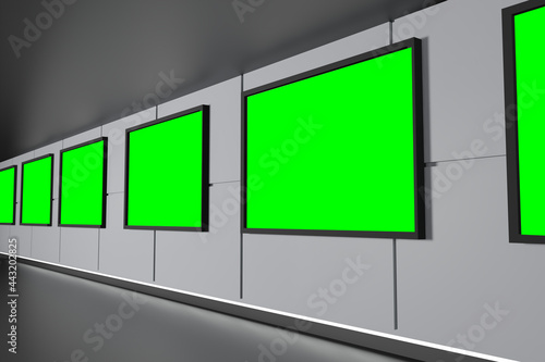 3d rendering Billboard, Advertising display board in the hallway inside underground or subway station. view inside train station with stairs