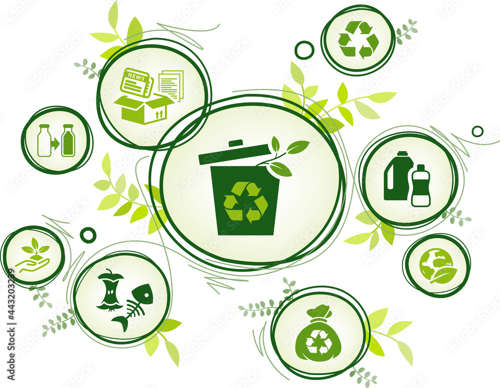 Vetor de Waste recycle vector illustration. Green concept with icons