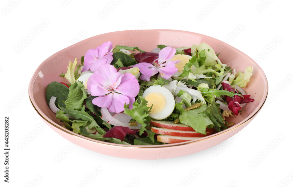 Fresh spring salad with flowers in bowl isolated on white Fresh spring salad with flowers in bowl isolated on white
