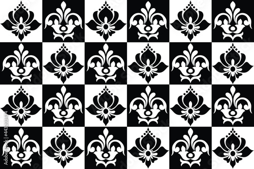 Damask floral design element. Black and white. Graphic ornament royal wallpaper vector background.