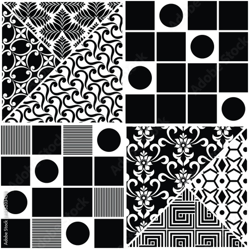 Set of 4 pattern. Black and white. Geometric background.