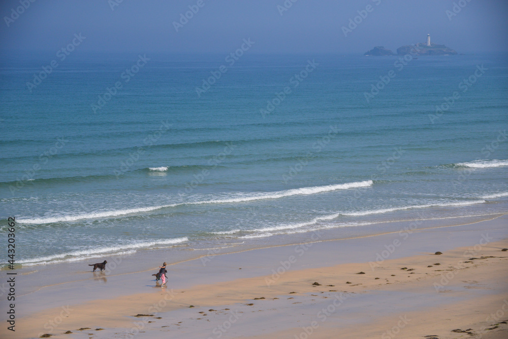 people walking dogs on the beach Hayle Cornwall 
