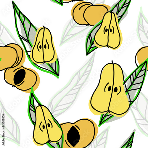 Pears and peaches halves in the section with leaves