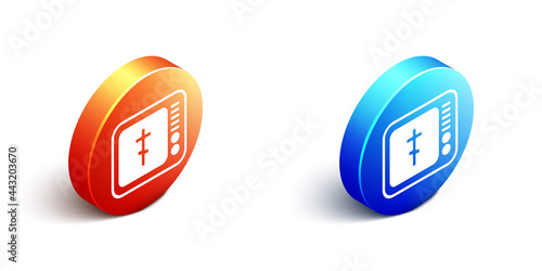 Isometric Online church pastor preaching video streaming icon isolated on white background. Online church of Jesus Christ. Orange and blue circle button. Vector