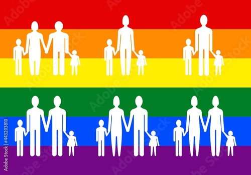 Bandera LGTBIQ+  con siluetas blancas con diferentes tipos de  familias con niños incluidas monoparentales