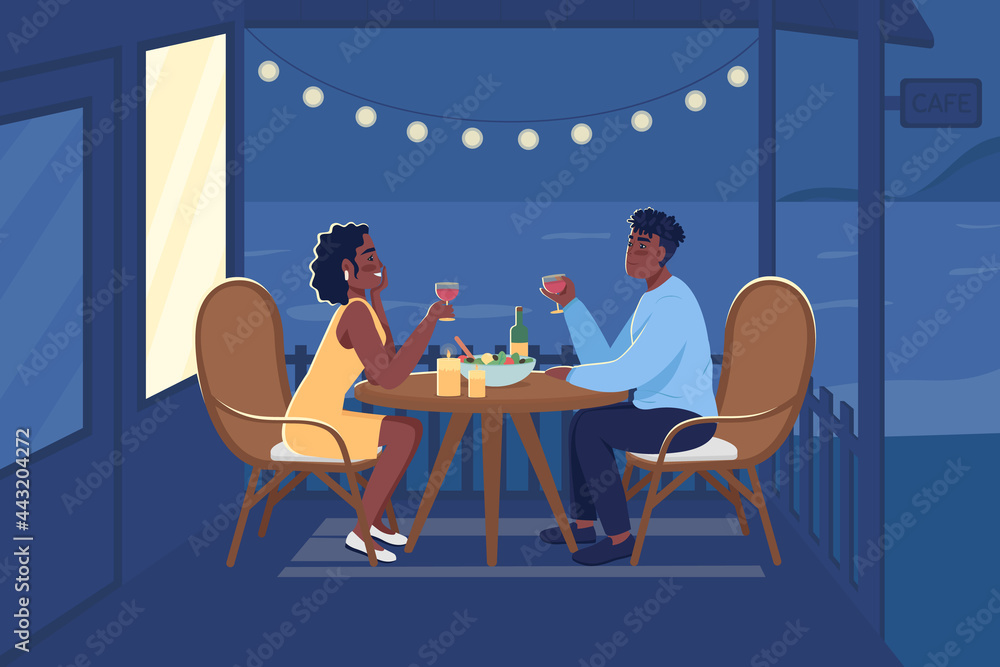Romantic dinner outdoors flat color vector illustration. Partners spending time together drinking wine in backyard. Boyfriend and girlfriend 2D cartoon characters with seaside landscape on background