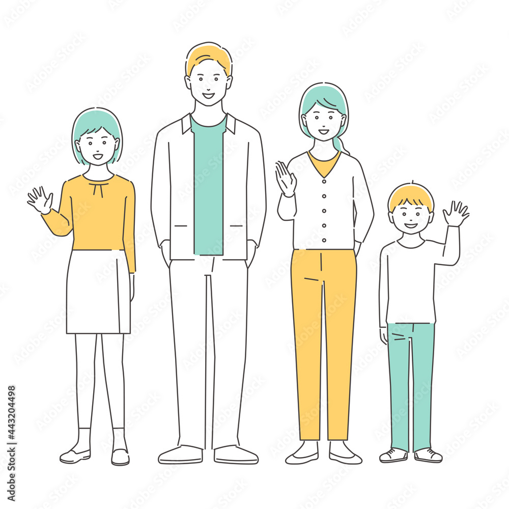 家族 笑顔で手を振る夫婦と子どもたち 全身 家族 笑顔で手を振る夫婦と子どもたち 全身