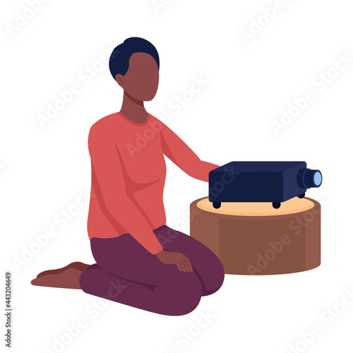 Woman with projector semi flat color vector character. Sitting figure. Full body person on white. Home movie night isolated modern cartoon style illustration for graphic design and animation