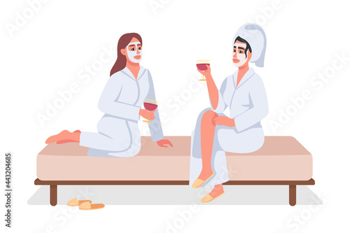 Women at spa semi flat color vector characters. Beauty treatment. Sitting figure. Full body people on white. Home recreation isolated modern cartoon style illustration for graphic design and animation