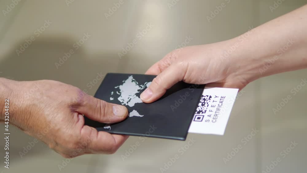 Giving passport with Vaccine Covid19 safety certificate on QR Code in