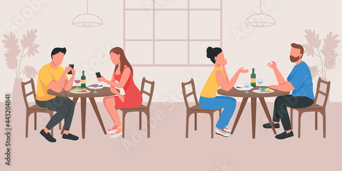 Couples on date in cafe flat color vector illustration. Boyfriend and girlfriend talking at table. Partner with phones. Two group of people 2D cartoon characters with cafeteria interior on background