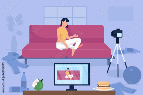 Girl in messy room flat color vector illustration. Disorder in bloggers home. Unhealthy lifestyle. Recording video influencer 2D cartoon character with dirty clothing on floor on background