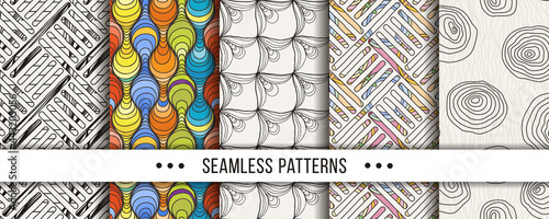 Set of seamless boho patterns with hand-drawn elements texture, abstraction illustration of black silhouette on white background