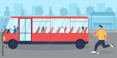 Being late for bus flat color vector illustration. Guy missed transport. Person chasing commuter. Bad habit of being late. Running man in hurry 2D cartoon character with cityscape on background