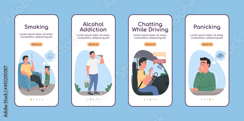Unhealthy habits onboarding mobile app screen flat vector template. Alcohol addiction. Walkthrough website 4 steps with characters. Creative UX, UI, GUI smartphone cartoon interface, case prints set