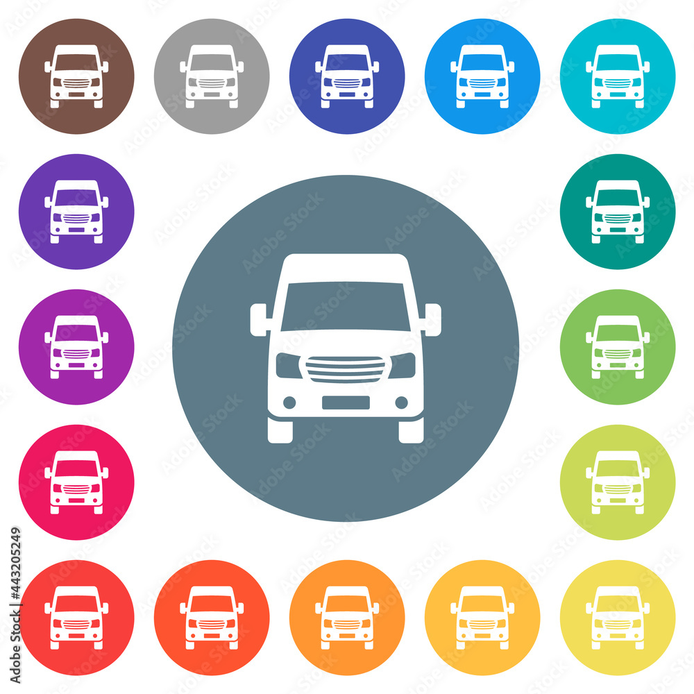 Van front view flat white icons on round color backgrounds Van front view flat white icons on round color backgrounds