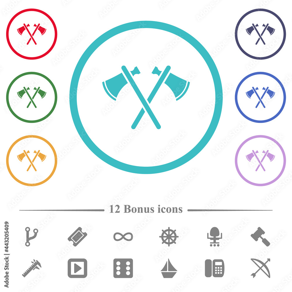 Two tomahawks flat color icons in circle shape outlines Two tomahawks flat color icons in circle shape outlines