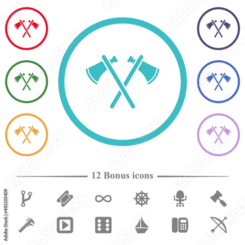 Two tomahawks flat color icons in circle shape outlines