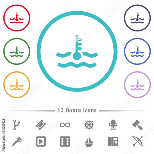 Warm temperature engine coolant flat color icons in circle shape outlines