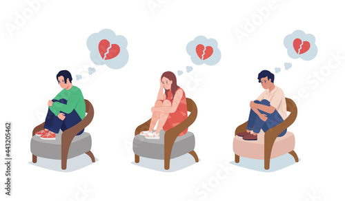 Teen upset over love semi flat color vector character set. Sitting figure. Full body people on white. Break up isolated modern cartoon style illustration for graphic design and animation collection