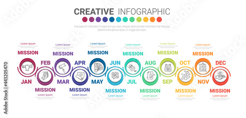 infographics all month planner design and Presentation business can be used for Business concept with 12 options, steps or processes. 