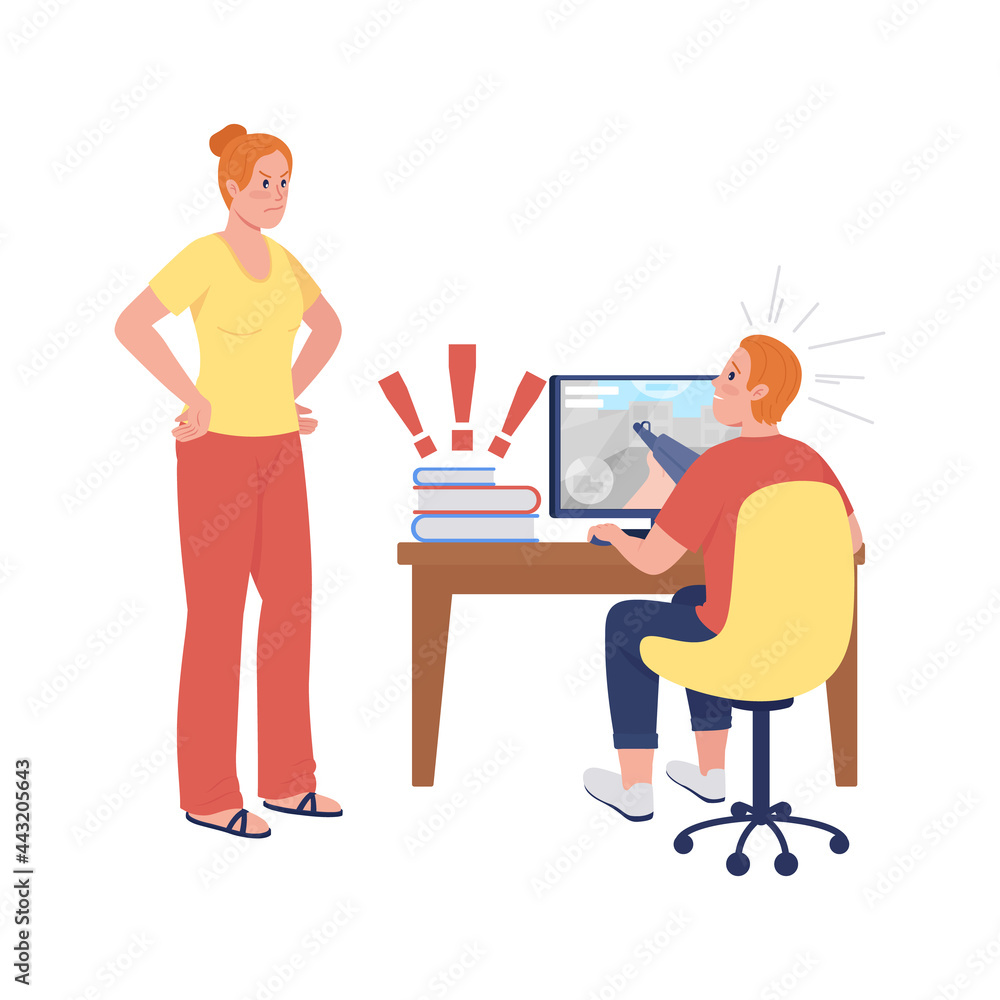 Mother upset with son semi flat color vector characters. Standing and sitting figures. Full body people on white. Teen issue isolated modern cartoon style illustration for graphic design and animation