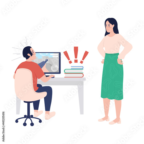 Mom angry with son semi flat color vector characters. Standing and sitting figures. Full body people on white. Teen problems isolated modern cartoon style illustration for graphic design and animation
