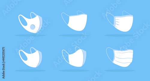 Three quarter view face mask white mockup. Cloth, surgical mask. Filtering respirator. Covering nose and mouth. Using during pandemic. Modern item clipart. Isolated design template on blue background