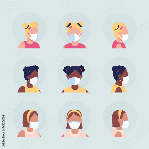 Face masks for children semi flat color vector character avatar set. Portrait with respirator from front and side view. Isolated modern cartoon style illustration for graphic design and animation pack