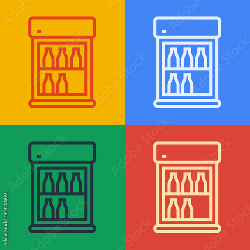 Pop art line Commercial refrigerator to store drinks icon isolated on color background. Perishables for store or supermarket. Vector