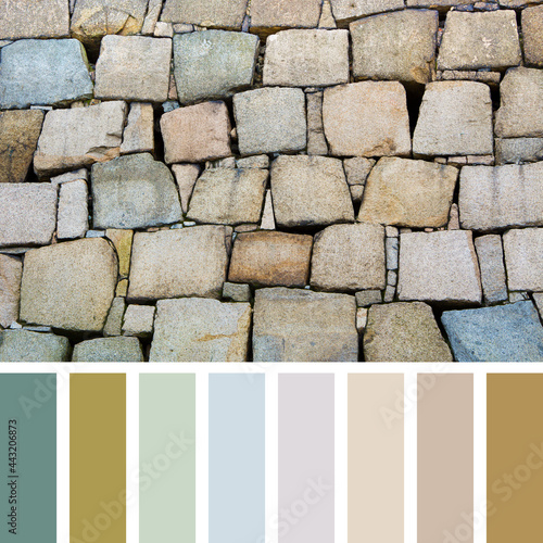 Stone wall palette, with complimentary colour swatches in neutral tones of grey, beige and green.