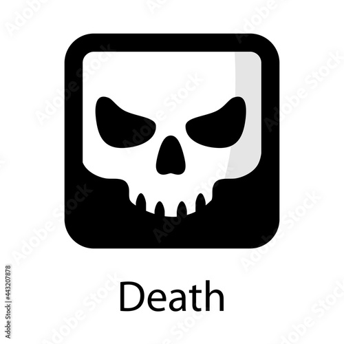 Logo con palabra Death con calavera con forma de cuadrado en color blanco y negro