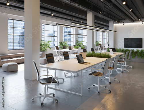 3d render of concrete contemporary office space with white chairs, desks  and many plants