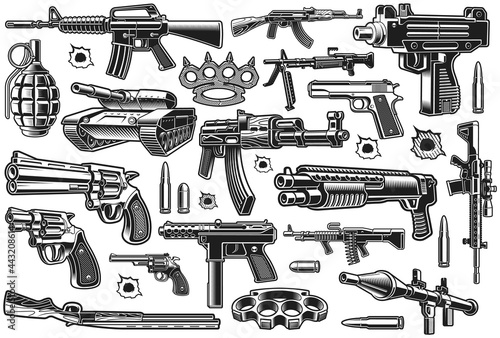 A bundle of different vector weapons isolated on white background