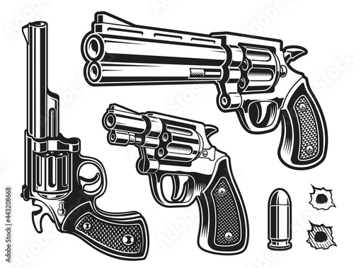 Obraz na plátně A set of black and white vector revolvers isolated on white background